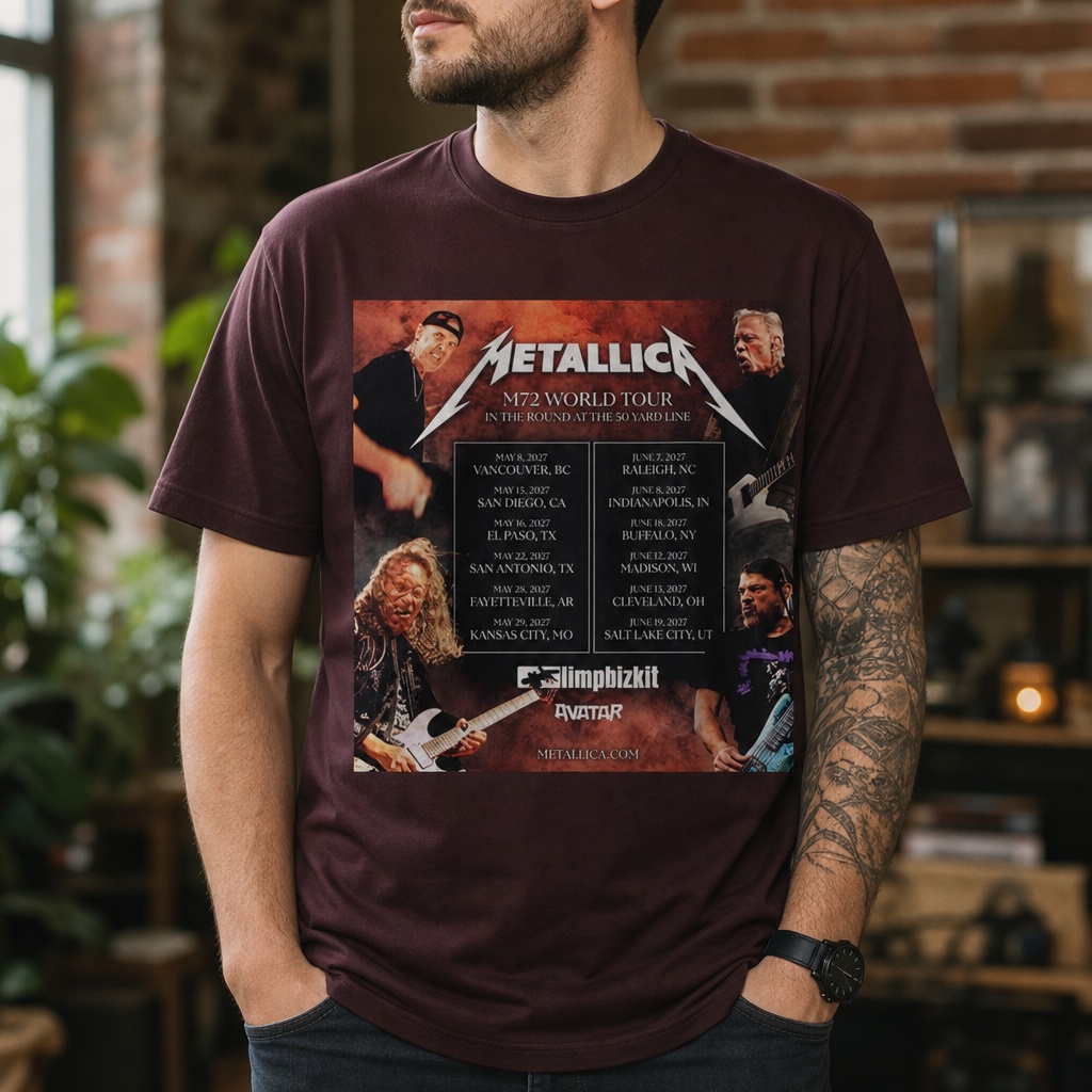 Metallica M72 World Tour 2027 North America Dates Two-Sided T-Shirt – In the Round Stadium Tour Tee 1