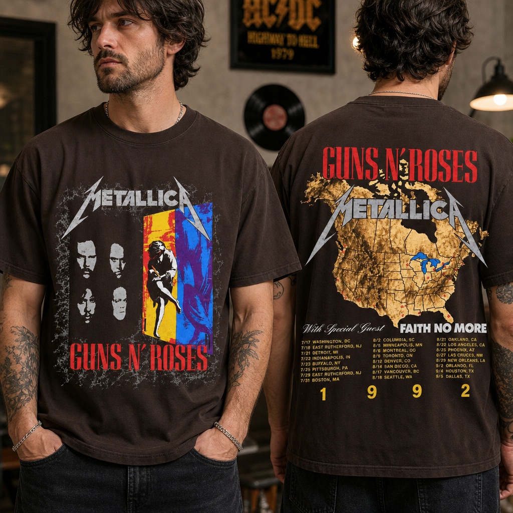 Metallica x Guns N’ Roses 1992 Stadium Tour Vintage T-Shirt Featuring Faith No More 1