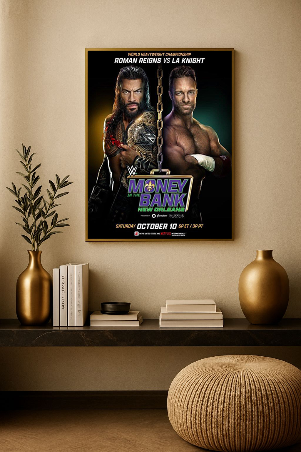 WWE Money in the Bank 2026 Poster – Roman Reigns vs LA Knight World Heavyweight Championship Canvas Wall Art 1